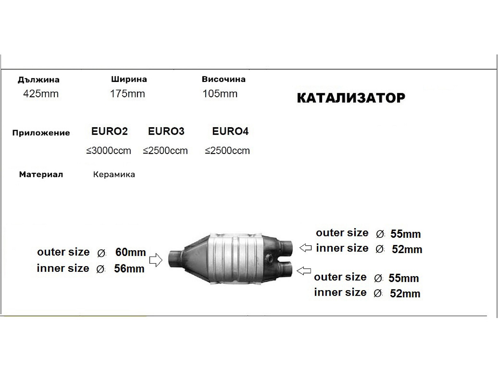 ☀️ Катализатор за кола керамичен L425 173 /2x1ф60/ до 3000 куб. ☀️